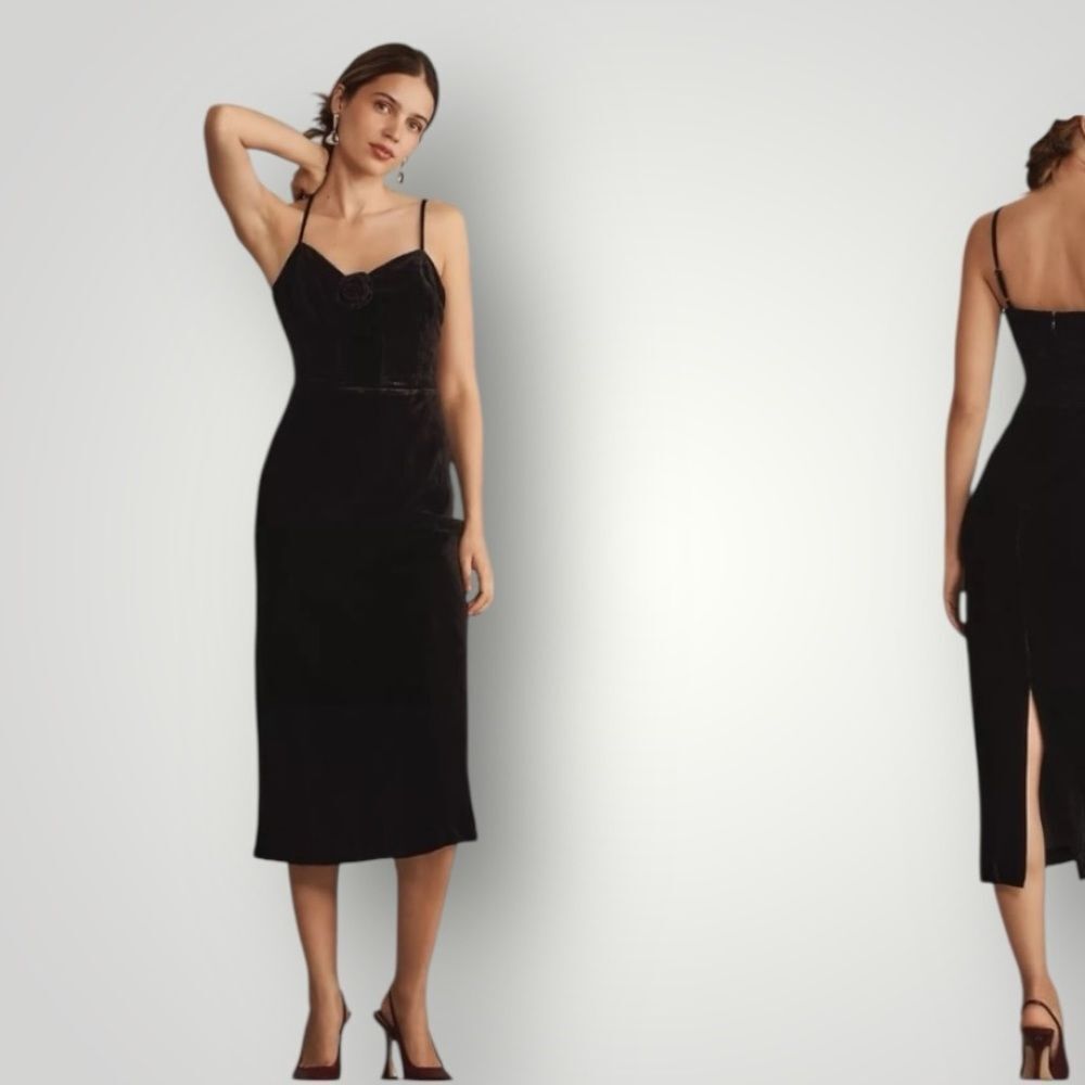 PAIGE Dress Gaia NWT Velvet Midi Rosette Fitted Elegant Designer Black Size 4